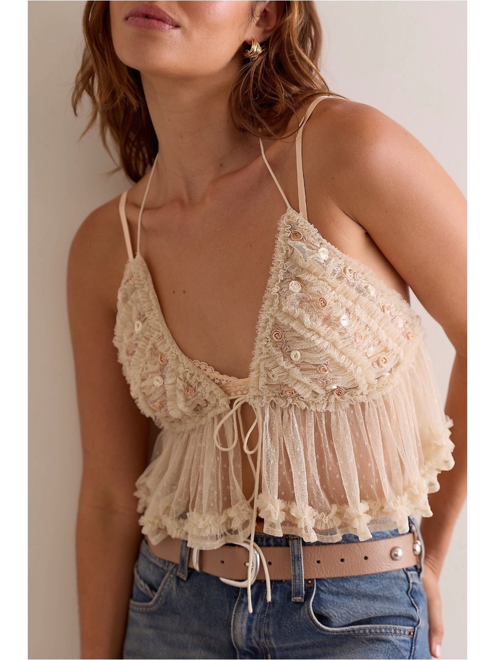 Free People Dainty Ethereal Rosalita Ruffle Rosette Cami Top Neutral Small NWT